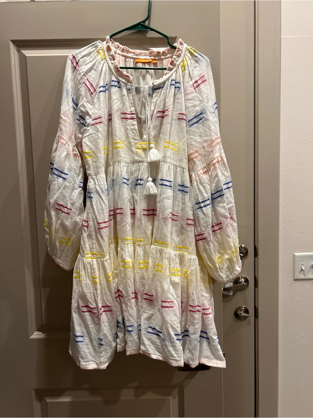 Oliphant White Tiered Tunic Dress with Pink, Blue & Yellow Embroidery